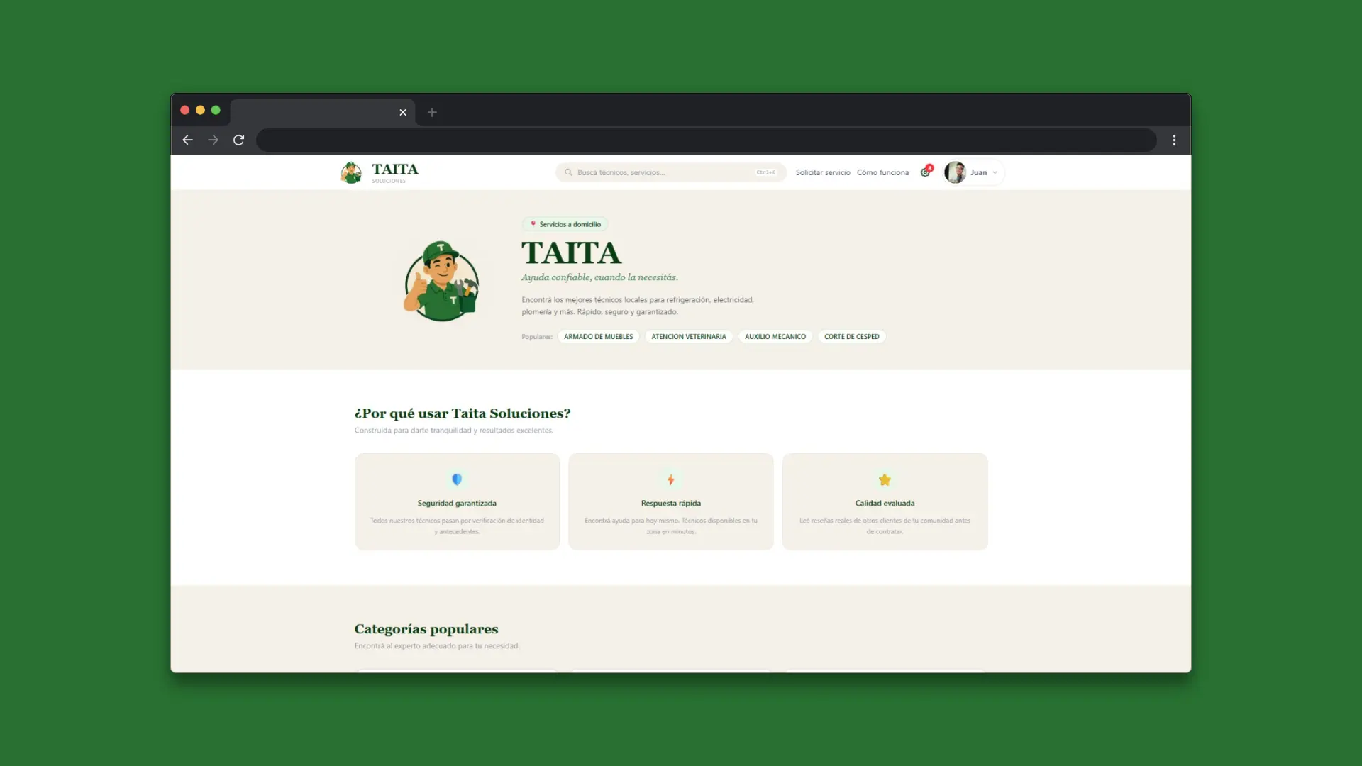 Taita Soluciones - Plataforma para contratación de servicios técnicos a domicilio - Portfolio Juan Cruz Martínez | Desarrollador Full Stack